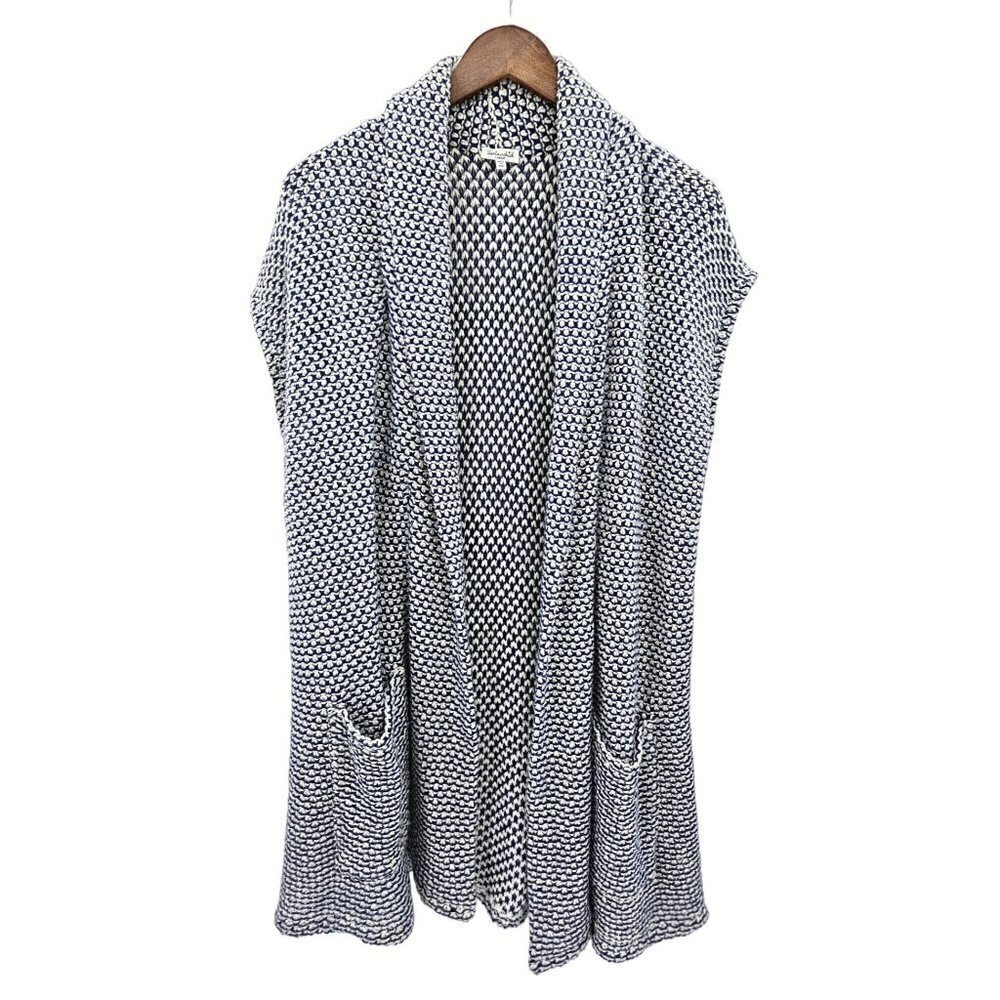 Splendid Chunky Knit Cardigan Duster Vest Sz L Blue Pockets Crochet Sleeveless